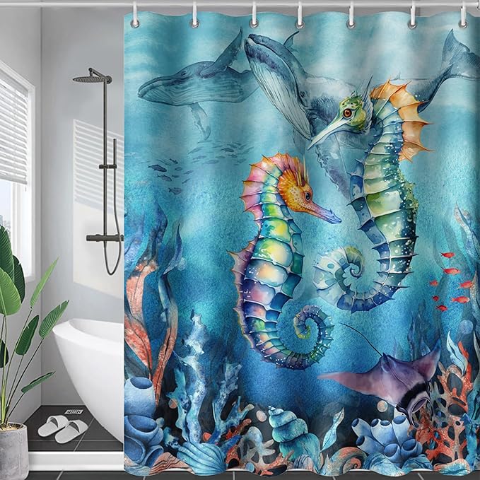 AILONEN Seahorse Shower Curtain for Bathroom,Watercolor Seahorse Bath Curtain,Blue Ocean Animal Whale Coral Fish Shower Curtain Waterproof with 12 Plastic Hooks, 72" W*84" H