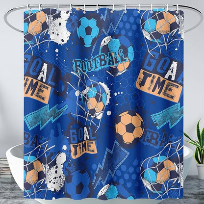 AILONEN Boys Sports Shower Curtain 60" W*72" H Soccer Bath Curtain Football Soccer Ball Printed Shower Curtain Boys Kids Teen Bathroom Curtain Decor Polyester Waterproof Curtain with 12 Hooks