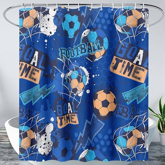 AILONEN Boys Sports Shower Curtain 60" W*72" H Soccer Bath Curtain Football Soccer Ball Printed Shower Curtain Boys Kids Teen Bathroom Curtain Decor Polyester Waterproof Curtain with 12 Hooks