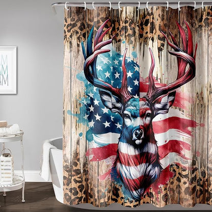 AILONEN Deer Hunting Shower Curtain for Bathroom Decor,American Flag Elk Bath Curtain for Kids Boys Teens,Safari Deer Print Curtain,Polyester Waterproof with 12 Plastic Hooks 48" W*72" H