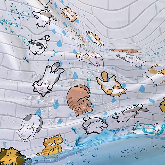 AILONEN Cute Cat Shower Curtain for Kids 72" W*96" H Inch,Colorful Animals Playing Water Kids Lovely Funny Hilarious Shower Curtain,12 Pack Hooks Polyester Waterproof Fabric Decor for Bathroom