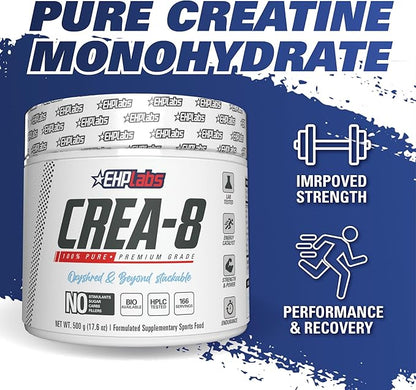 EHP Labs CREA-8 Micronized Creatine Monohydrate Powder - Creatine Powder for Muscle Growth, Increased Strength, Enhanced Energy Output and Improved Performance, Unflavored - 100 Servings (500g)