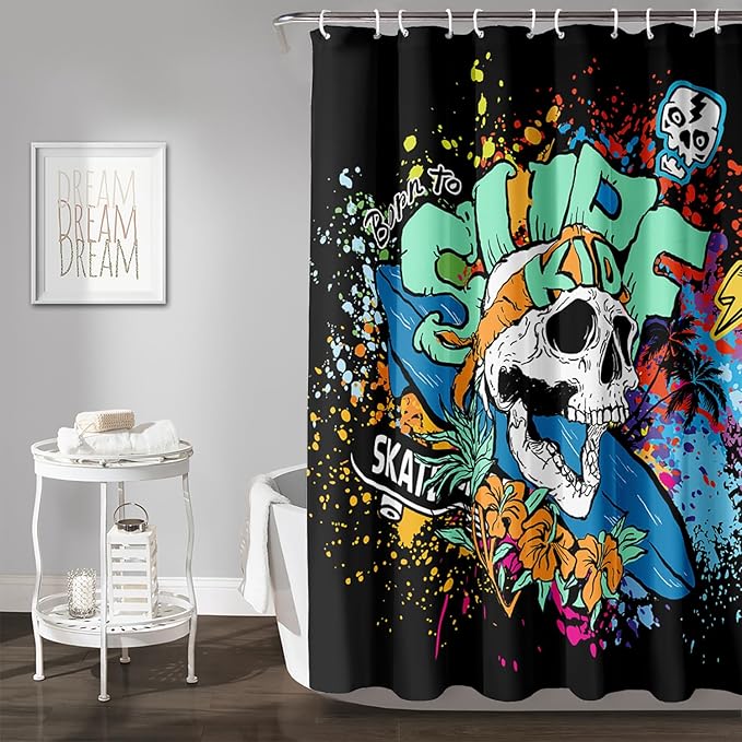 AILONEN Surf Skull Shower Curtain for Bathroom,Colorful Graffiti Flower Art Bathroom Curtain for Kids Boys Girls,Bath Curtain 48" W*72" H Polyester Waterproof Bathroom Curtain with 12 Hooks