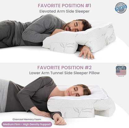 Medium Firm High Density Support. Arm Hole Slots for Cervical, Shoulder Pain Relief. Adjustable for Side, Back, Stomach Sleeping. Rayon Shell/Charcoal Infused Shredded Memory Foam