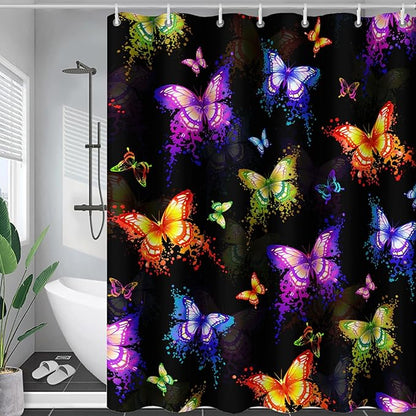 AILONEN Butterfly Shower Curtain for Bathroom, Colorful Butterfly Polyester Waterproof Bath Curtain,Modern Fashion Minimalist Shower Curtain with 12 Plastic Hooks,Black 72" W*72" H
