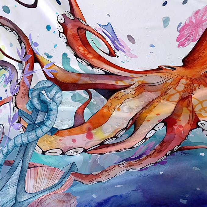 AILONEN Lovely Octopuses Shower Curtain Set, Red Cartoon Octopus Waterproof Fabric Shower Curtain for Bathroom,Watercolor Nautical Anchor Theme Cloth Bath Curtain with Hooks,48" Wx72 H