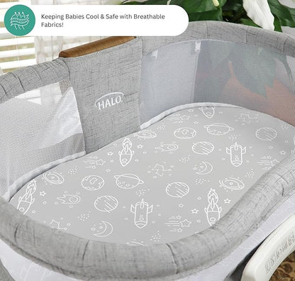 TansyPanda Bassinet Sheets for Halo Bassinest Swivel, Flex, Glide, Premiere and Luxe Series Sleeper, Pack of 3, 33 X 17 Inch, Ultra Soft and Snug Fit, Unisex Boys Girls, Gray White (Space Rockets)