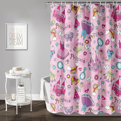 AILONEN Princess Dress Shower Curtain,Cartoon Sparkling Star Diamond Waterproof Shower Curtain Set for Girls Kids Teens, 36" W*72" H Pink Castle Jewelry Shower Curtain for Bathroom
