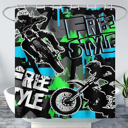 AILONEN Boys Motocross Hip Hop Shower Curtain,Dirt Bike Racer Waterproof Bath Curtain,Motorcycle Sport Curtain for Kids Men,Colorful Cartoon Shower Curtain 36" W x 72" H