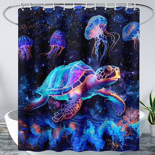 AILONEN Colorful Sea Turtle Shower Curtain for Bathroom,Beautiful Turtle with Jellyfish Bath Curtain for Kids,Boys,Girls,Ocean Animal Waterproof Fabric Shower Curtain Set with Hooks,72" W*96" H