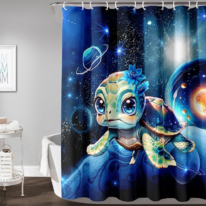 AILONEN 3D Sea Turtle Shower Curtain for Bathroom, Cute Turtle Blue Space Galaxy Bath Curtain,Kids Kawaii Ocean Turtle Decorative Watercolor Curtain with 12 Plastic Hooks for Boys Girls 36" W*72" H