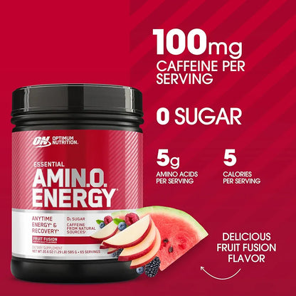 Optimum Nutrition Amino Energy - Pre Workout with Green Tea, BCAA, Amino Acids, Keto Friendly, Green Coffee Extract, Energy Powder - Fruit Fusion, 65 Servings 