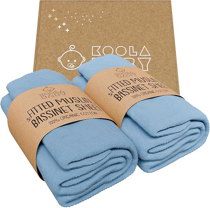 Bassinet Fitted Sheets - Compatible with Graco Travel Lite Crib, Sense2Snooze, My View 4 in 1, Dream Suite and Guava Bassinet | 100% Organic Muslin Cotton - Light Blue + Dark Blue | 30x20 (2 Pack)