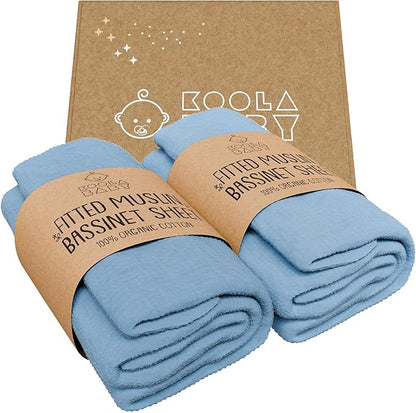 Bassinet Fitted Sheets - Compatible with Graco Travel Lite Crib, Sense2Snooze, My View 4 in 1, Dream Suite and Guava Bassinet | 100% Organic Muslin Cotton - Light Blue + Dark Blue | 30x20 (2 Pack)