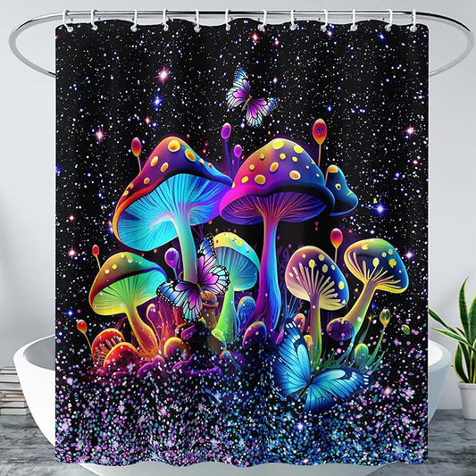AILONEN Mushroom Shower Curtain for Boys Girls, Cartoon Mushroom Bath Curtain 72" W*96" H Colorful Sky Starry Bathroom Curtain Polyester Waterproof Plant Fungus Bathroom Curtain with 12 Hooks