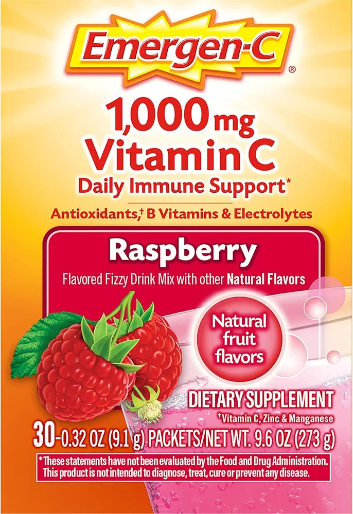 Emergen-C 1000mg Vitamin C Immune Support Powder Raspberry 30CT includes Zinc, Manganese, 7 B Vitamins and Electrolytes for Back to School Essentials