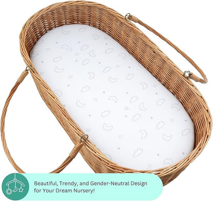 TansyPanda Bassinet Sheets for Munchkin Brica Pod, 4moms MamaRoo, Nordmiex, Beberoad Travel Bassinet, 3PC, 18 x 30 Inch, Ultra Soft, Breathable, Snug Fit, Unisex Boys and Girls (Moon, Stars, Clouds)
