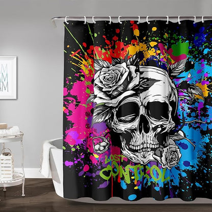 AILONEN Rose Skull Shower Curtain for Bathroom,Colorful Graffiti Art Bathroom Curtain for Kids Boys Girls,Bath Curtain 60" W*72" H Polyester Waterproof Bathroom Curtain with 12 Hooks