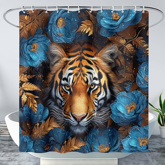 AILONEN Tiger Shower Curtains for Kids Boys,Blue Flower Tiger Bath Curtains,Wild Animal Curtains Polyester Waterproof,60" W*72" H with 12 Plastic Hooks