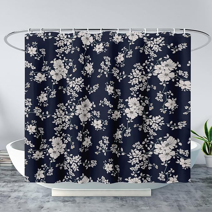 AILONEN Luxuriant Flowers Shower Curtain,White Flower on Black Background Waterproof Shower Curtain Set for Girls Boys Teens, 72" W*72" H Patchwork Flower Shower Curtain