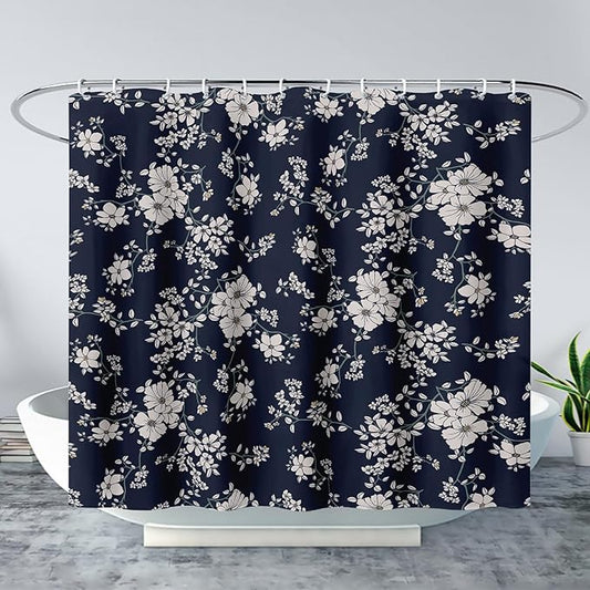 AILONEN Luxuriant Flowers Shower Curtain,White Flower on Black Background Waterproof Shower Curtain Set for Girls Boys Teens, 60" W*72" H Patchwork Flower Shower Curtain