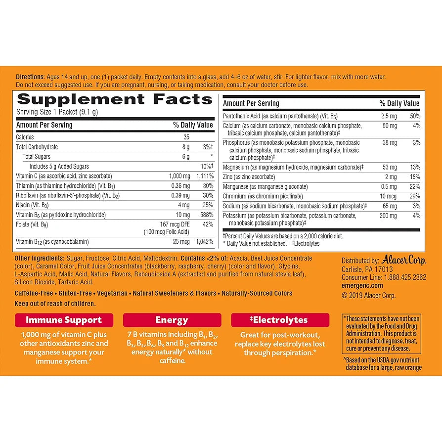 Emergen-C 1000mg Vitamin C Immune Support Powder Raspberry 30CT includes Zinc, Manganese, 7 B Vitamins and Electrolytes for Back to School Essentials