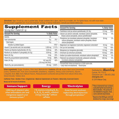 Emergen-C 1000mg Vitamin C Immune Support Powder Raspberry 30CT includes Zinc, Manganese, 7 B Vitamins and Electrolytes for Back to School Essentials