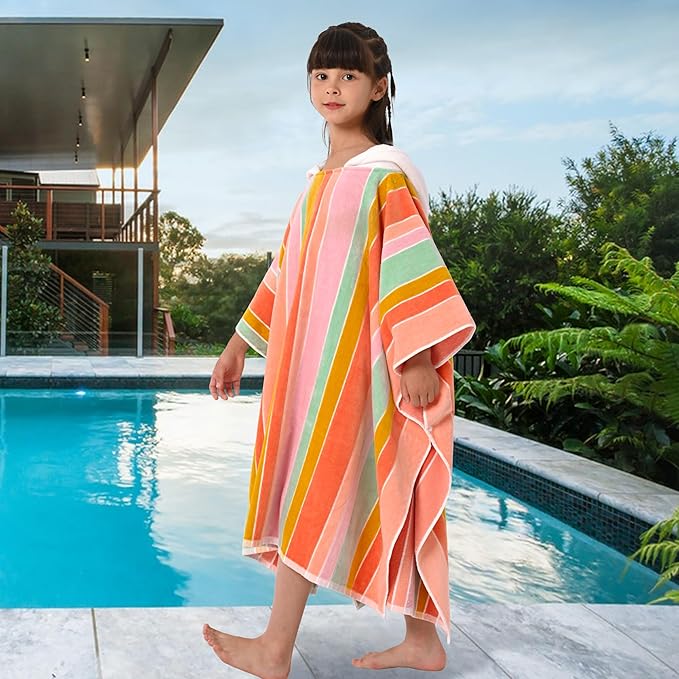 VOOVA & MOVAS Big Kids Hooded Poncho Towels for Teens (8-16Years), 100% Cotton Thick Poncho Towel, Perfect for Pool, Beach, Bath,Pink Blue Purple Stripe