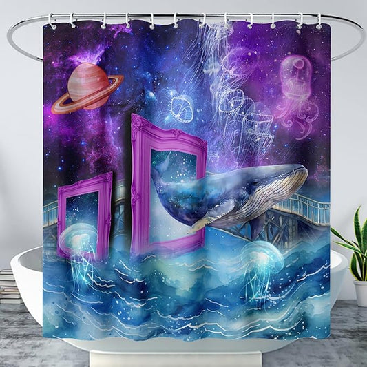 AILONEN 3D Whale Shower Curtains,Purple Galaxy Bath Curtains,Ocean Jellyfish Curtains for Kids Girls,Polyester Waterproof for Bathroom with 12 Hooks,72" W*78" H Purple
