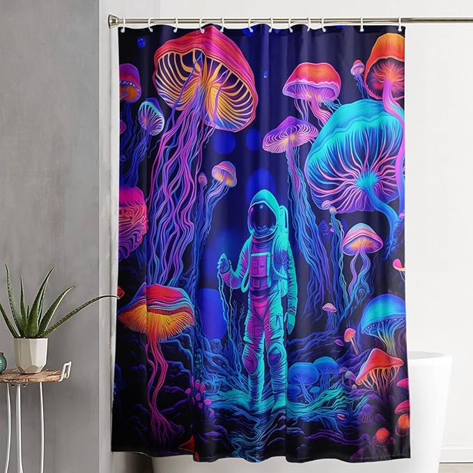 AILONEN Magic Mushroom Shower Curtain,Cartoon Astronaut Shower Curtain Set for Bathroom,Boho Style Jellyfish Waterproof Fabric Bath Curtain for Kids Girls Boys, 48" W*72" H