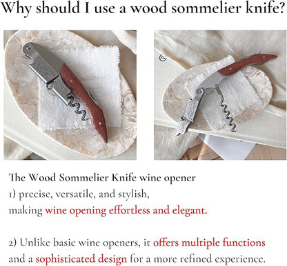 Professional Wood Grapevine Pattern Sommelier Knife With Black Leather Wine Keyring with Ergonomic Wood Grip, Beer Bottle Opener Foil Cutter Waiters Corkscrew Wine Opener