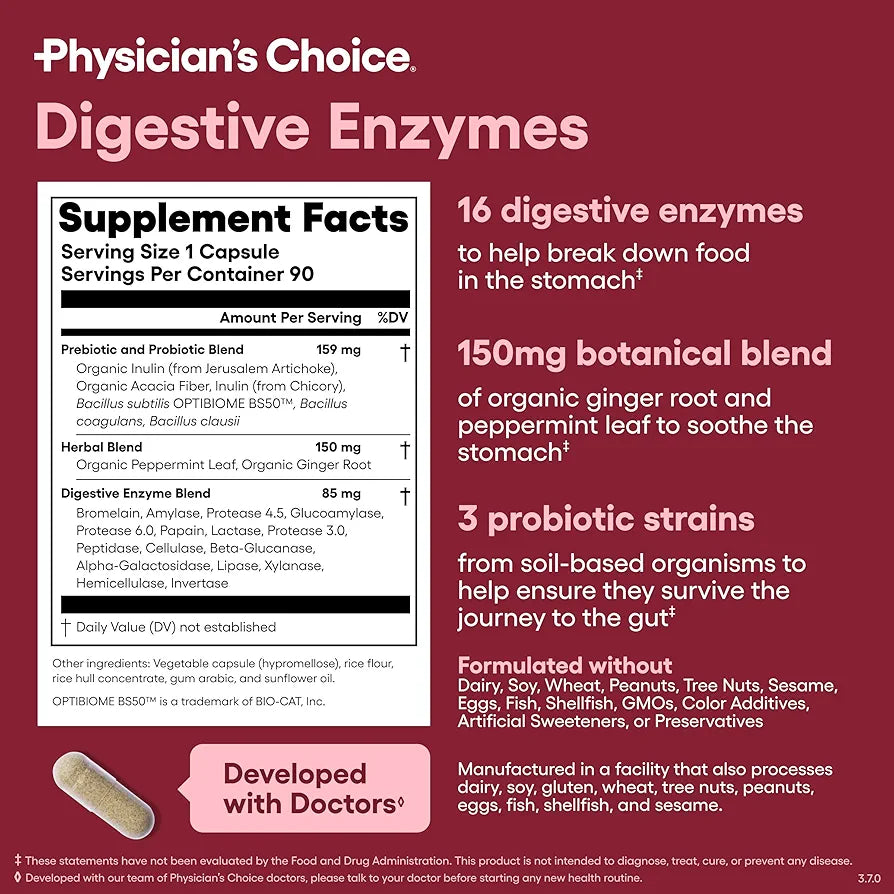 Physician's CHOICE Digestive Enzymes - Multi Enzymes, Organic Prebiotics & Probiotics for Digestive Health & Gut Health - Meal Time Discomfort Relief & Bloating - Dual Action Approach - 90 CT