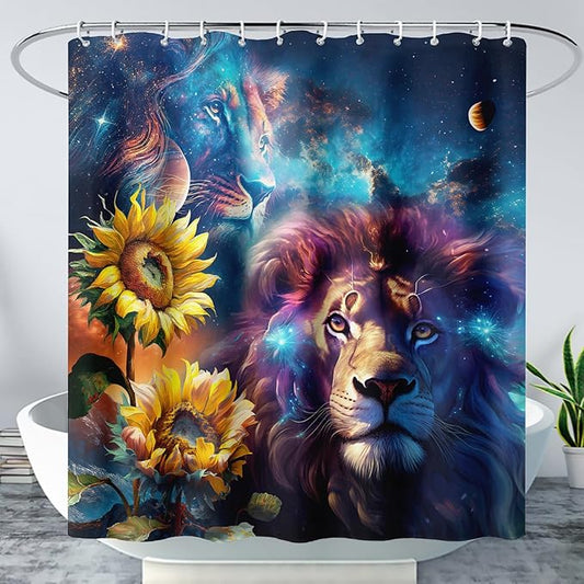 AILONEN Lion Shower Curtain for Kids Boys Teens,Galaxy Sunflower Lion Bath Curtain for Bathroom Decor,Modern Romantic Polyester Waterproof with 12 Plastic Hooks 48" W*72" H