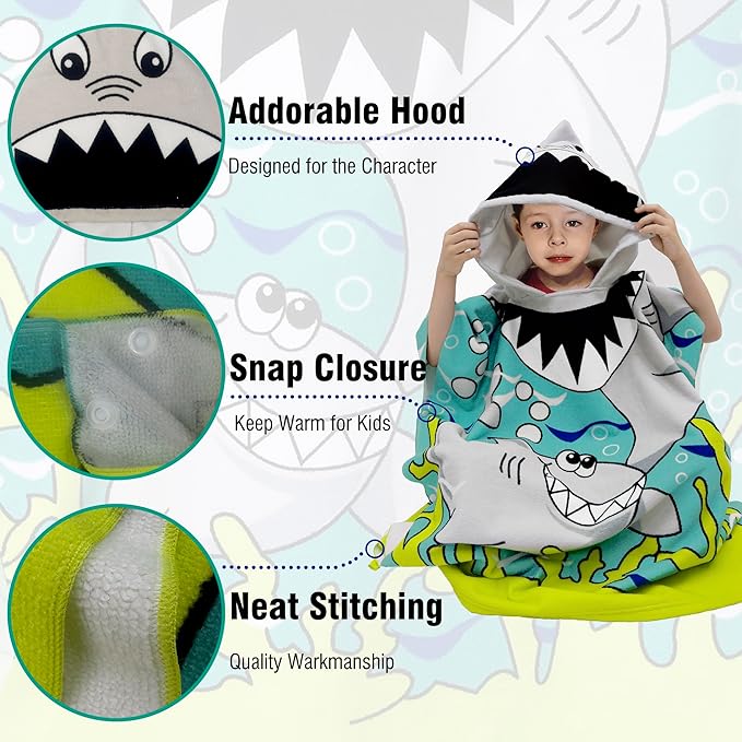 Hooded Kids Beach Towels - Toddler Bath Towel Girls Boys Swim Cover-ups for Ages 4 to 10 Kids Pool Towels Quick Dry Lightweight Soft Microfiber Poncho 30x30(Blue Sharks)