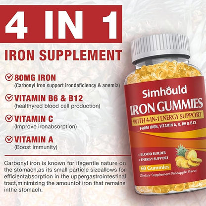 1 Pack Vegan 80MG Iron Supplement Gummies for Women & Men - Vitamin A, C, B for Adults & Kids - Blood Builder & Energy Support for Iron Deficiency, Anemia - 60 Counts Pineapple Flavor Gummies