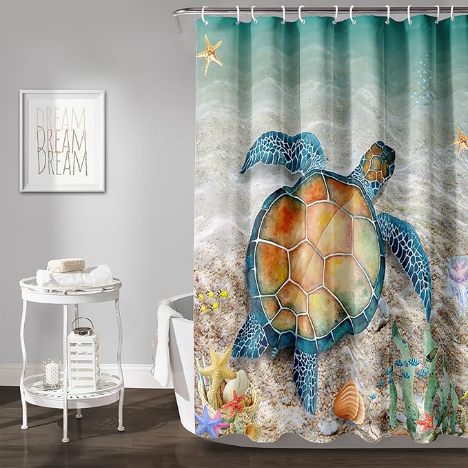 AILONEN Sea Turtle Shower Curtain,Beach Ocean Turtle Bath Curtain with 12 Plastic Hooks,Sea Animal Coast Shell Print Bath Curtain Polyester Waterproof 60" W*72" H