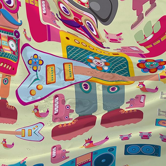 AILONEN Cartoon Robot Shower Curtain Sets,Beautiful Music Guitar Robots Theme Bathroom Decors, 72" W*84" H Cute Shower Curtain for Boys Girls Teens Kids