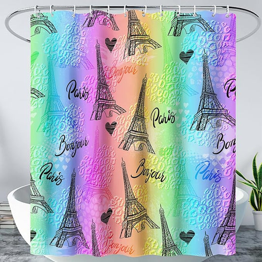 AILONEN Rainbow Shower Curtain for Bathroom, Rainbow Gradient Eiffel Tower Printed Bath Curtain,Women Girls Kids Minimalist Waterproof Fabric Shower Curtain Set with Hooks 72" W*84" H