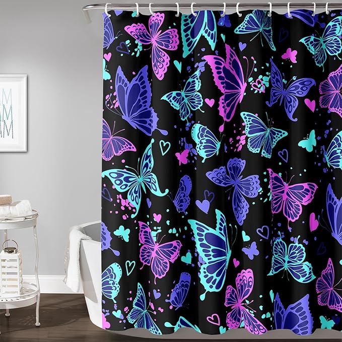 AILONEN Colorful Butterfly Shower Curtain, Butterfly Bath Curtain for Bathroom Decor,Polyester Waterproof with 12 Plastic Hooks 72" W*96" H