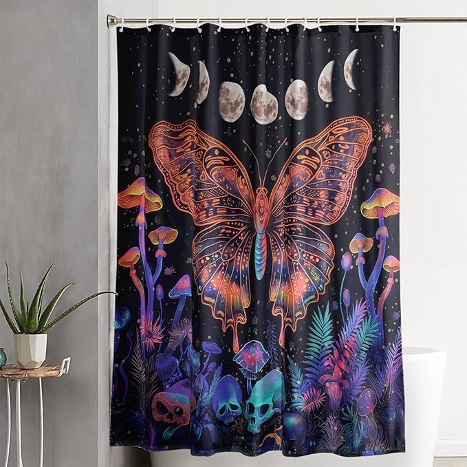 AILONEN Colorful Butterfly Shower Curtain,Magic Mushroom Waterproof Fabric Bath Curtain for Kids Girls,Boho Sun and Moon Skull Shower Curtain Set for Bathroom 36" W*72" H