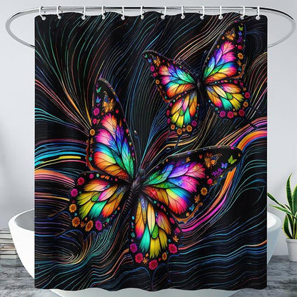 AILONEN Beautiful Butterfly Shower Curtain,Colorful Line Butterfly Bath Curtain for Bathroom for Boys,Girls,Boho Hippie Style Waterproof Fabric Shower Curtain Set with Hooks,48" W*72" H