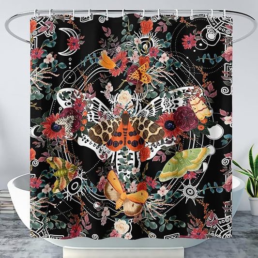 AILONEN Death Moth Shower Curtain,Sun Moon Shower Curtain Set for Kids Girls Boys,Boho Natural Plants Bathroom Decor Shower Curtain with 12 Hooks,72" W*78" H