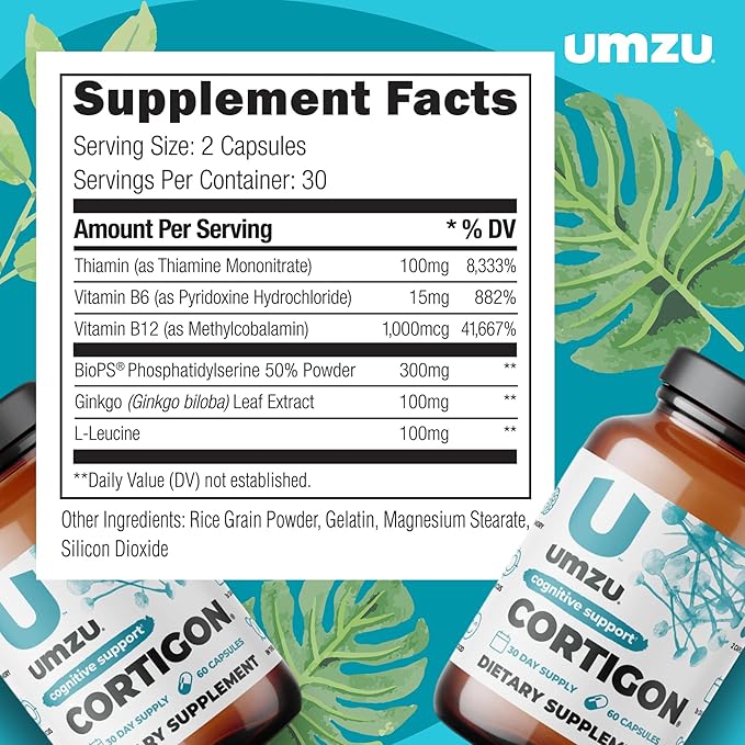 UMZU CORTIGON Cortisol Manager Supplement | Natural Stress Support Complex with Ginkgo Biloba, Phosphatidylserine, B Vitamins | Memory, Focus & Mood Aid (30 Day Supply | 60 Capsules)