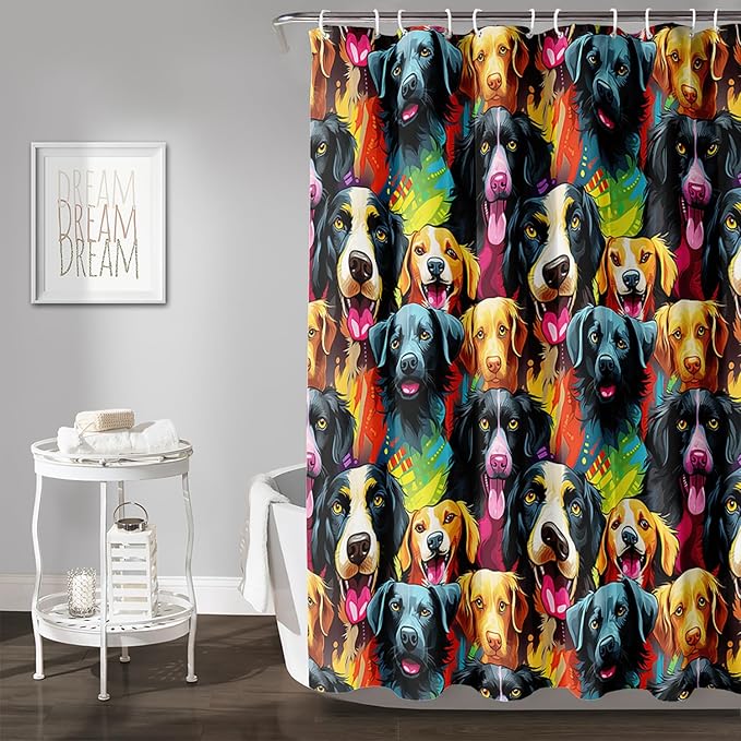 AILONEN Cartoon Dog Shower Curtain Set, Lovely Colourful Puppy Shower Curtain for Bathroom,Rainbow Gradient Puppy Waterproof Fabric Bath Curtain with Hooks,72" Wx78 H