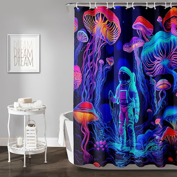 AILONEN Magic Mushroom Shower Curtain,Cartoon Astronaut Shower Curtain Set for Bathroom,Boho Style Jellyfish Waterproof Fabric Bath Curtain for Kids Girls Boys, 48" W*72" H