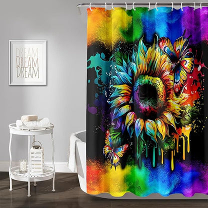 AILONEN Sunflower Shower Curtain, Watercolor Flower Rainbow Decoration,Polyester Fabric,Waterproof with 12 Plastic Hooks Shower Curtains Washable, 72" W x 72" H