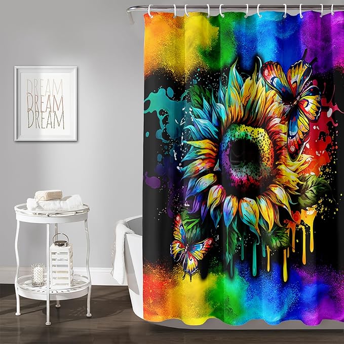 AILONEN Sunflower Shower Curtain, Watercolor Flower Rainbow Decoration,Polyester Fabric,Waterproof with 12 Plastic Hooks Shower Curtains Washable, 72" W x 96" H