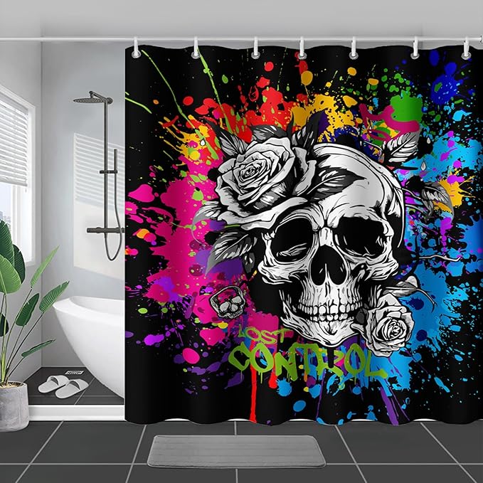 AILONEN Rose Skull Shower Curtain for Bathroom,Colorful Graffiti Art Bathroom Curtain for Kids Boys Girls,Bath Curtain 72" W*84" H Polyester Waterproof Bathroom Curtain with 12 Hooks