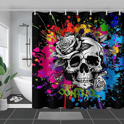 AILONEN Rose Skull Shower Curtain for Bathroom,Colorful Graffiti Art Bathroom Curtain for Kids Boys Girls,Bath Curtain 72" W*84" H Polyester Waterproof Bathroom Curtain with 12 Hooks