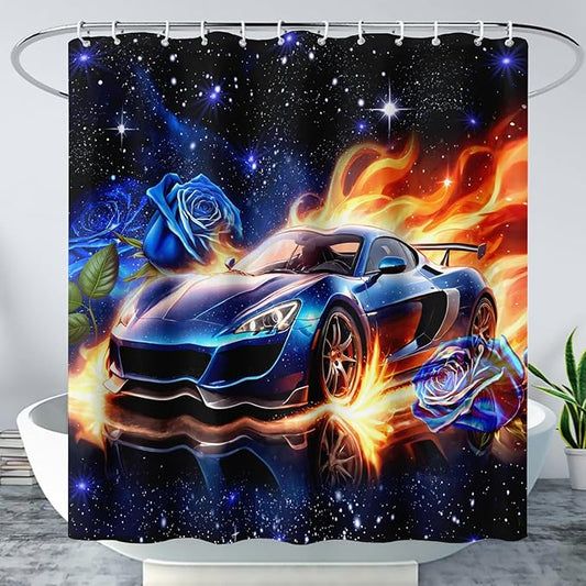 AILONEN Racing Car Shower Curtain for Bathroom, Blue Galaxy Starry Sports Cat Bath Curtain,Speed Car Shower Curtain for Kids Teen,Waterproof Curtain Bathroom 60" W*72" H Decor with 12 Plastic Hooks